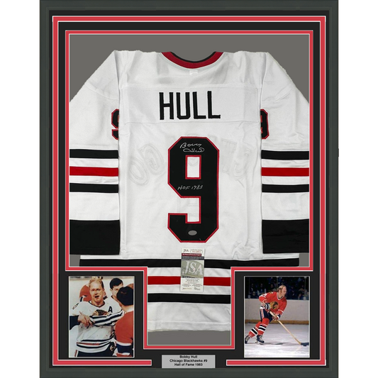 Framed Autographed/Signed Bobby Hull 35x39 HOF 1983 Chicago White Hockey Jersey JSA COA
