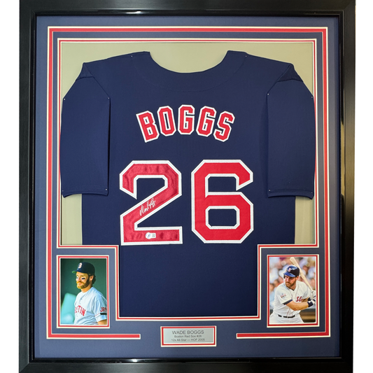 Framed Autographed/Signed Wade Boggs 35x39 Boston Blue Baseball Jersey Beckett BAS COA