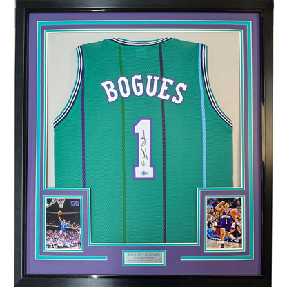 Framed Autographed/Signed Muggsy Bogues 35x39 Charlotte Teal Basketball Jersey PSA/DNA COA