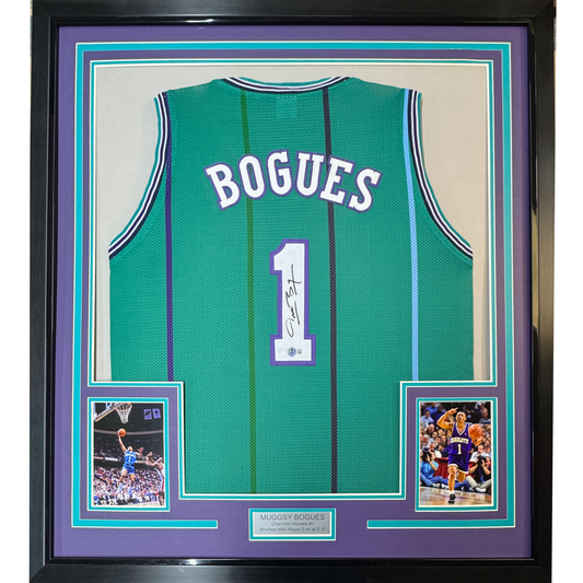 Framed Autographed/Signed Muggsy Bogues 35x39 Charlotte Teal Basketball Jersey PSA/DNA COA