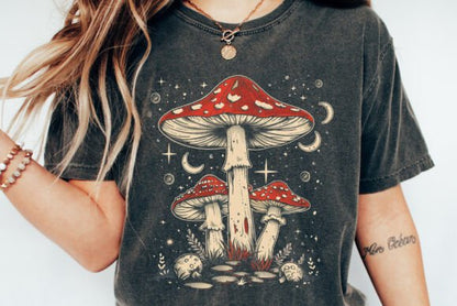 Boho Retro Hippie Mushrooms Natural Unisex Bamboo/Cotton Graphic T-Shirt