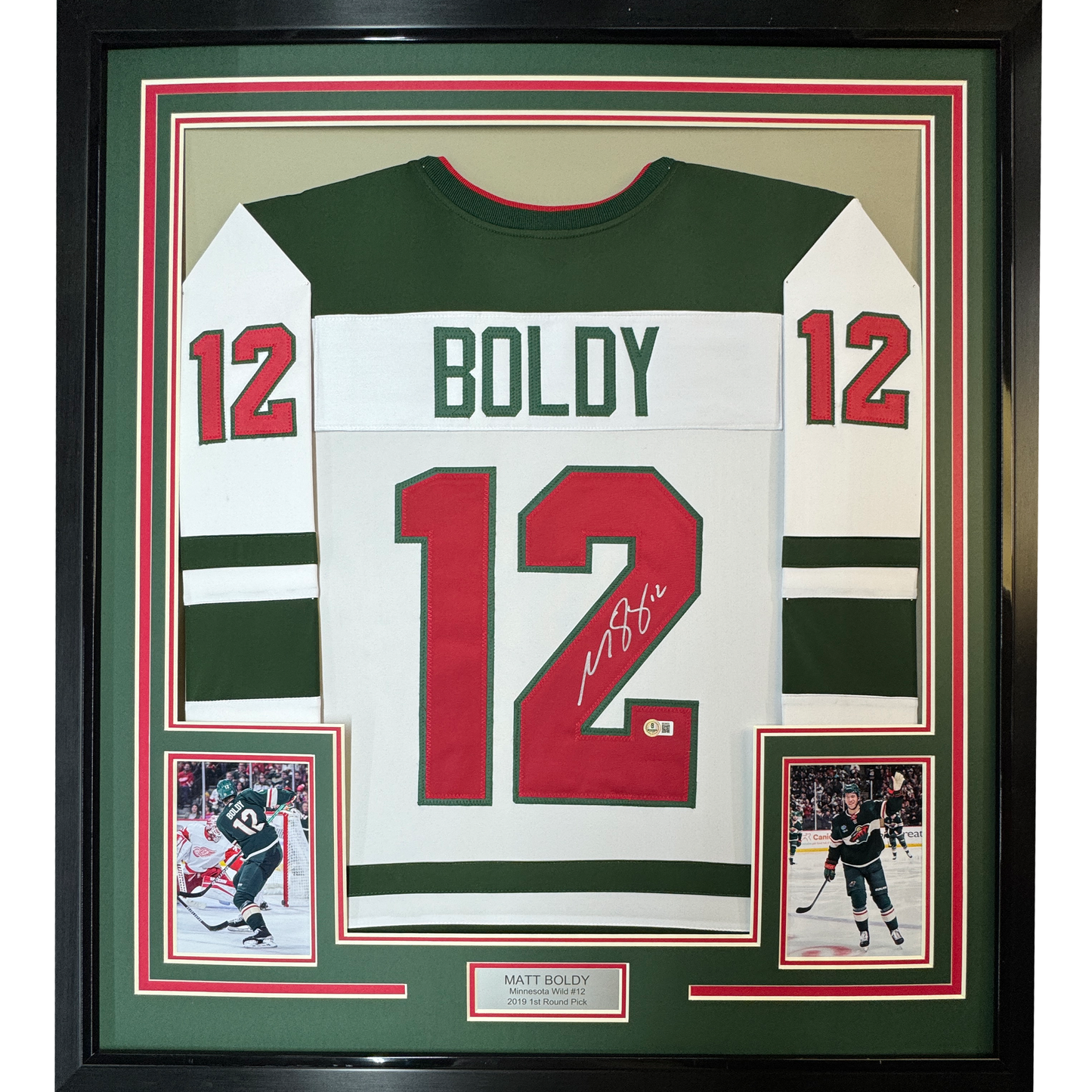 Framed Autographed/Signed Matt Boldy 35x39 Minnesota White Hockey Jersey Beckett BAS COA