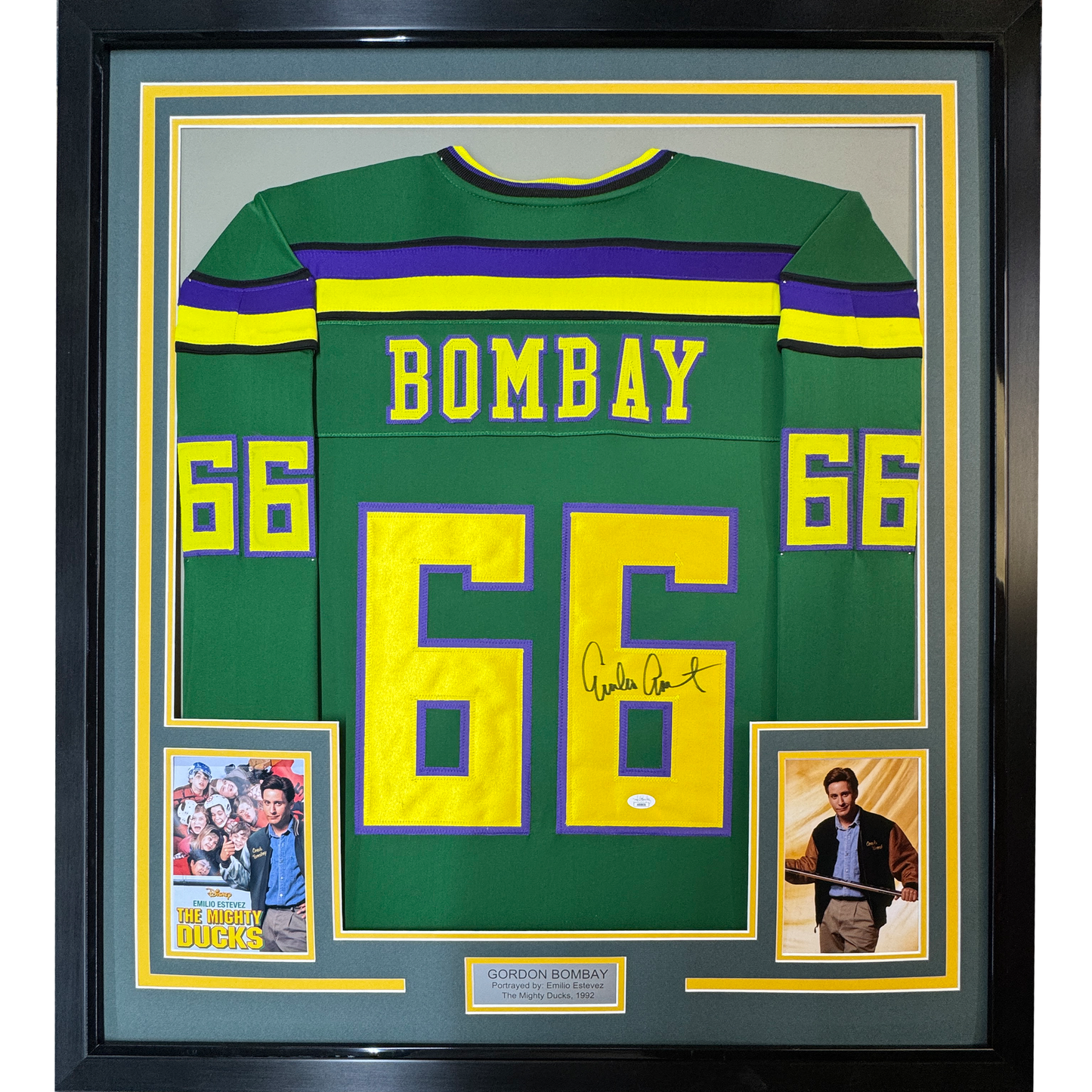Framed Autographed/Signed Emilio Estevez Gordon Bombay 35x39 The Mighty Ducks Green Hockey Jersey PSA/DNA COA