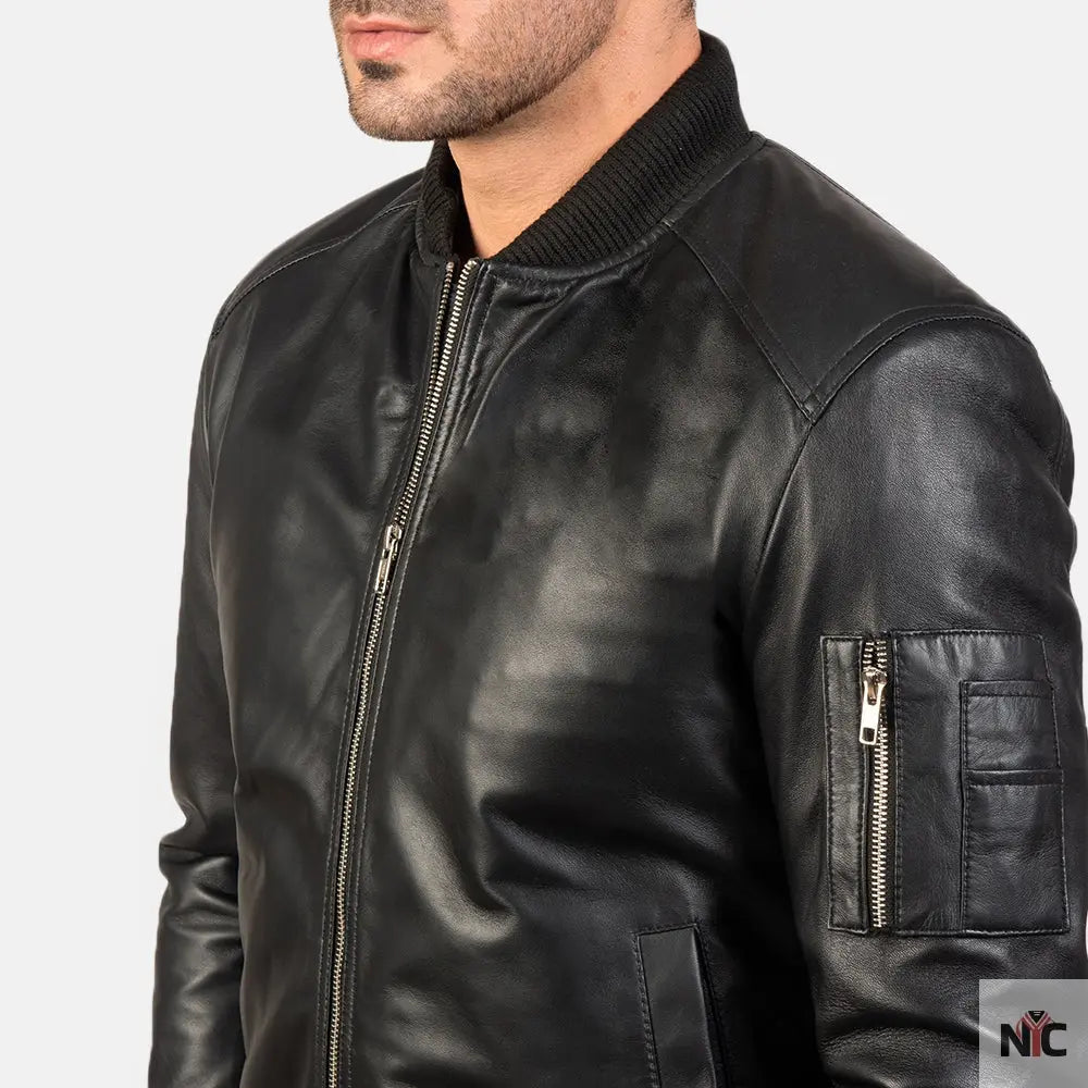 Bomia Ma-1 Black Leather Bomber Jacket