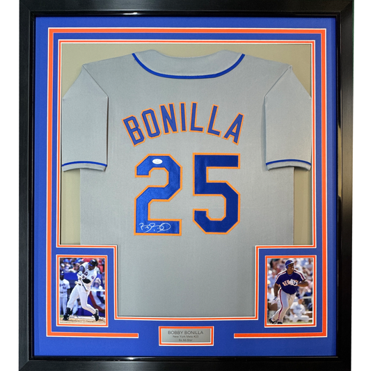 Framed Autographed/Signed Bobby Bonilla 35x39 New York Grey Baseball Jersey JSA COA