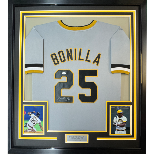 Framed Autographed/Signed Bobby Bonilla 35x39 Pittsburgh Grey Baseball Jersey JSA COA
