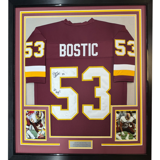 Framed Autographed/Signed Jeff Bostic 35x39 Washington Burgundy Football Jersey JSA COA