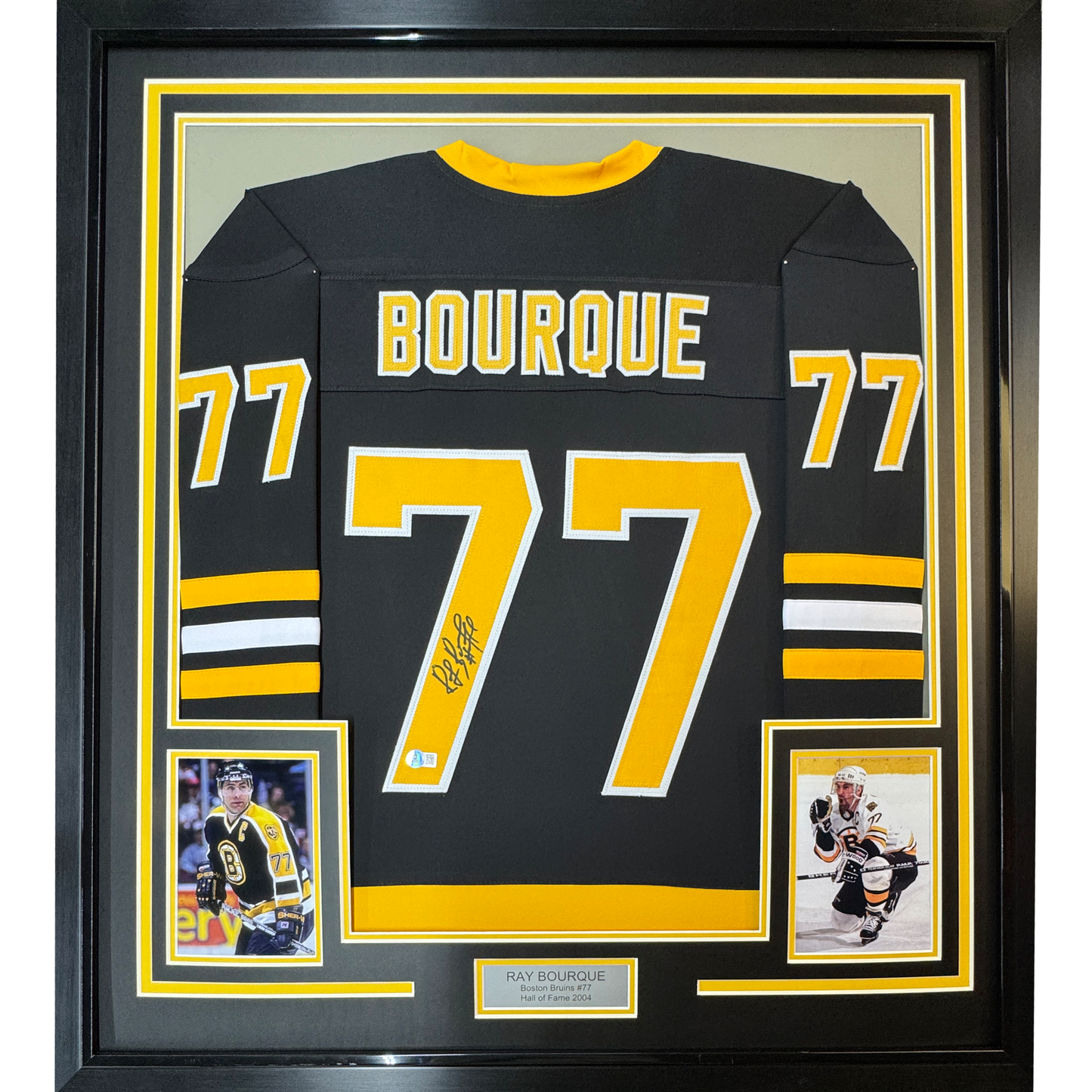 Framed Autographed/Signed Ray Bourque 35x39 Boston Black Hockey Jersey JSA COA