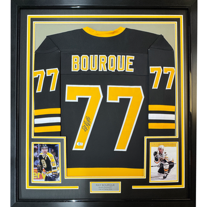 Framed Autographed/Signed Ray Bourque 35x39 Boston Black Hockey Jersey JSA COA