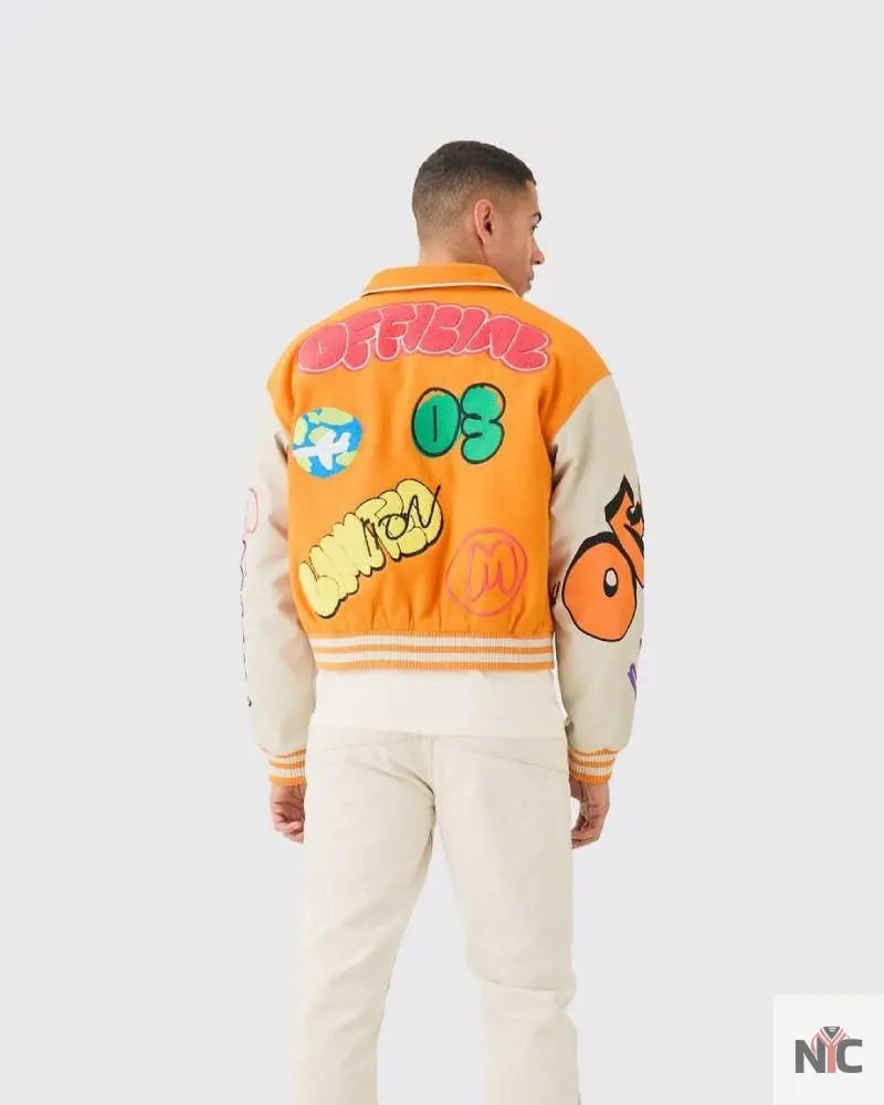 Boxy Fit Graffiti Orange Varsity Jacket