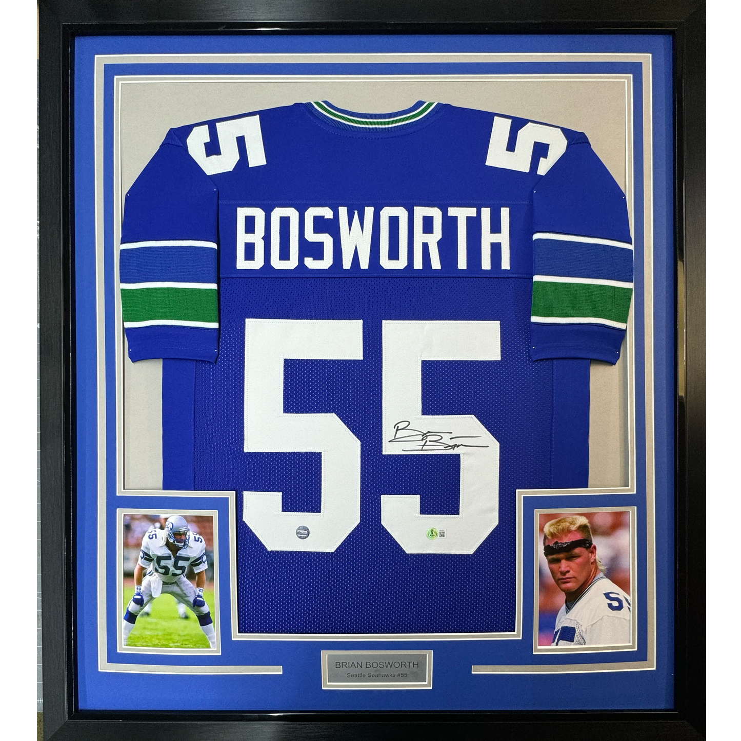 Framed Autographed/Signed Brian Bosworth 35x39 Seattle Blue Football Jersey JSA COA