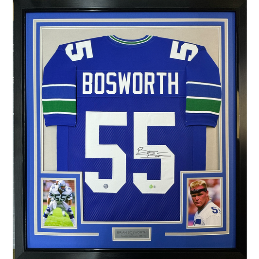 Framed Autographed/Signed Brian Bosworth 35x39 Seattle Blue Football Jersey JSA COA