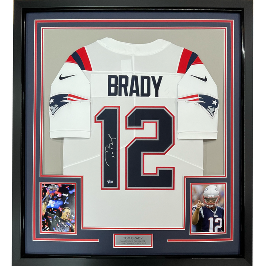 Framed Autographed/Signed Tom Brady 35x39 New England Patriots White Authentic Nike Limited Football Jersey Fanatics COA/LOA