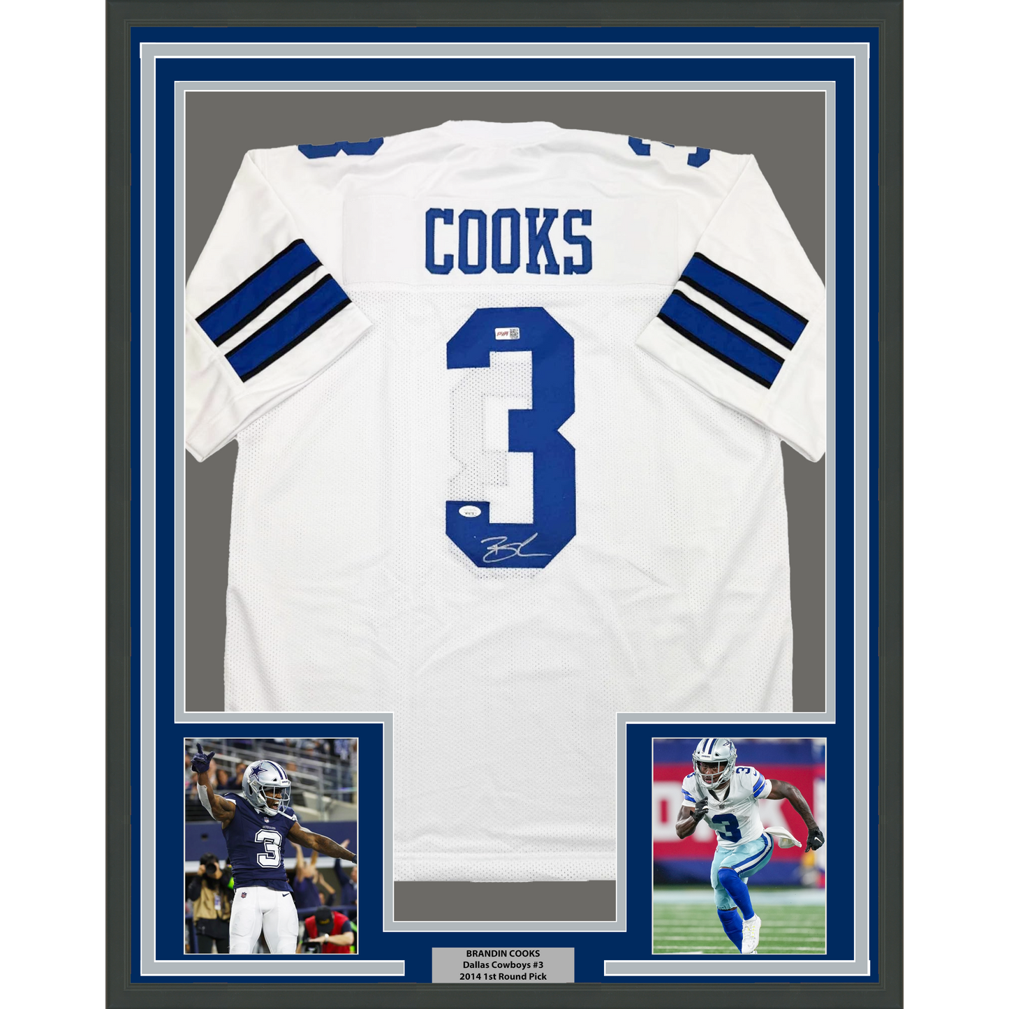 Framed Autographed/Signed Brandin Cooks 35x39 Dallas White Football Jersey JSA COA