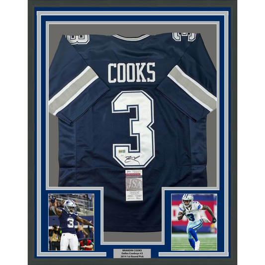 Framed Autographed/Signed Brandin Cooks 35x39 Dallas Blue Football Jersey JSA COA