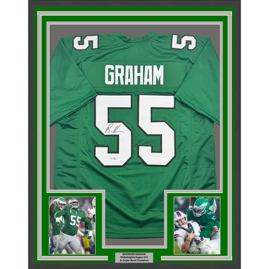 Framed Autographed/Signed Brandon Graham 35x39 Philadelphia Kelly Green Football Jersey JSA COA