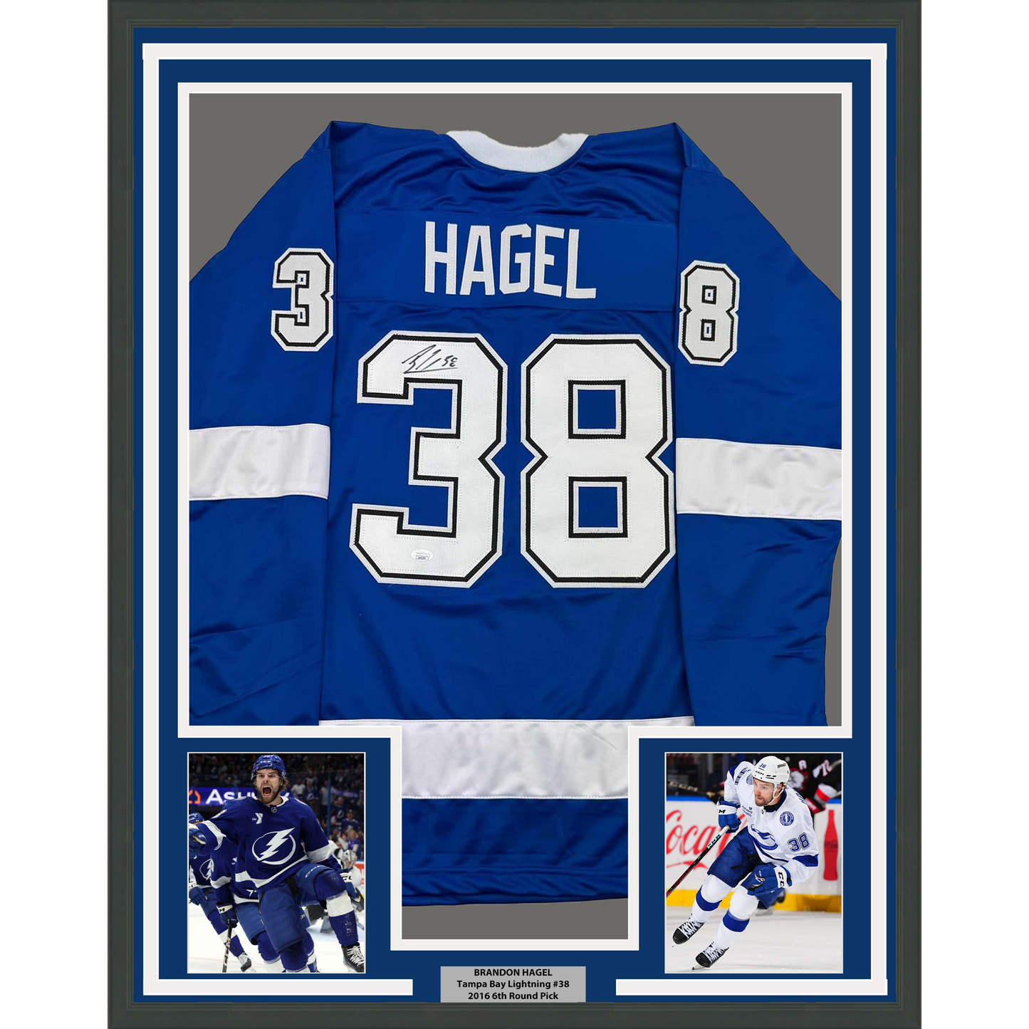 Framed Autographed/Signed Brandon Hagel 35x39 Tampa Bay Blue Hockey Jersey JSA COA