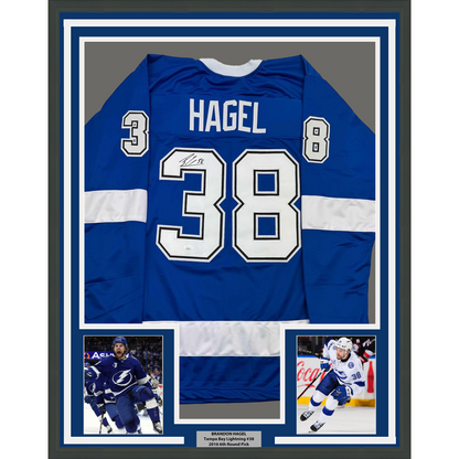 Framed Autographed/Signed Brandon Hagel 35x39 Tampa Bay Blue Hockey Jersey JSA COA