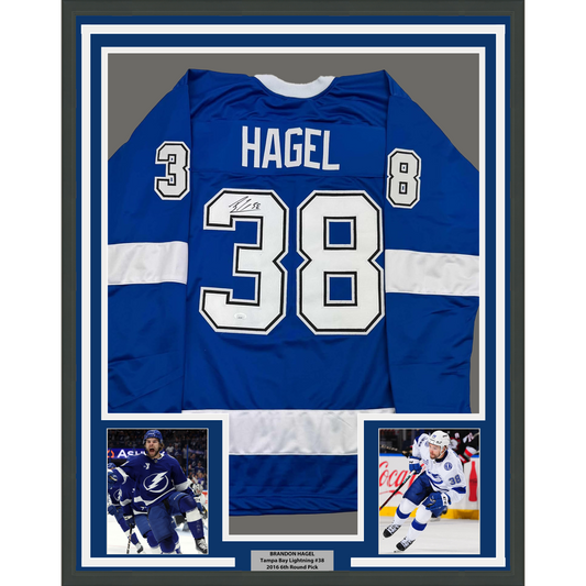 Framed Autographed/Signed Brandon Hagel 35x39 Tampa Bay Blue Hockey Jersey JSA COA