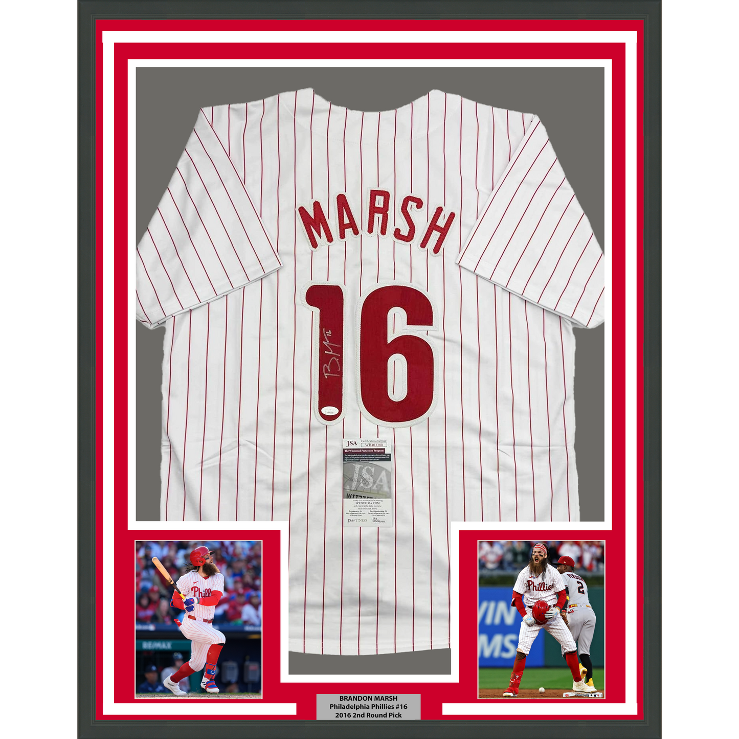 Framed Autographed/Signed Brandon Marsh 35x39 Philadelphia Pinstripe Baseball Jersey JSA COA