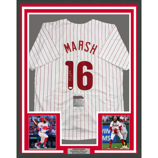 Framed Autographed/Signed Brandon Marsh 35x39 Philadelphia Pinstripe Baseball Jersey JSA COA
