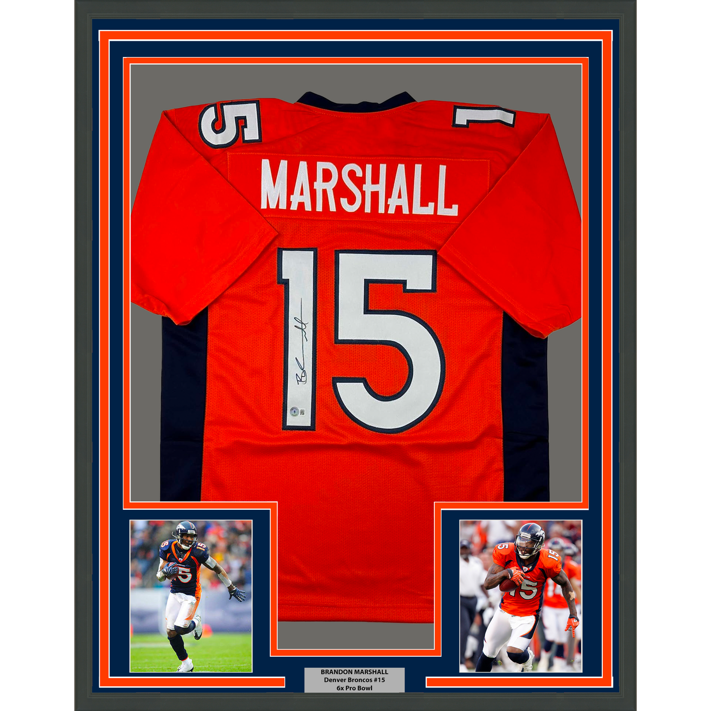 Framed Autographed/Signed Brandon Marshall 35x39 Denver Orange Football Jersey Beckett BAS COA