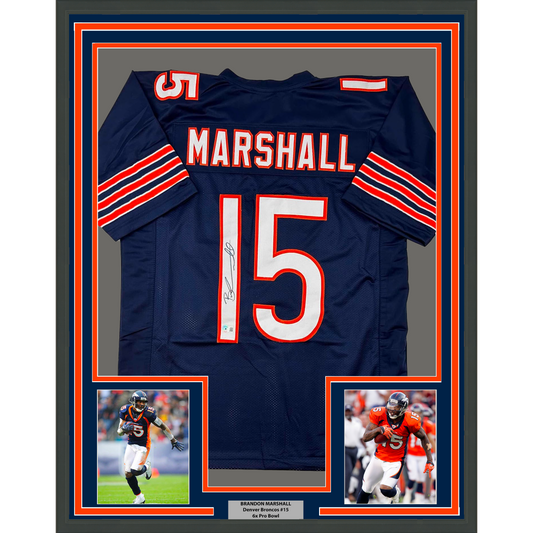 Framed Autographed/Signed Brandon Marshall 35x39 Chicago Blue Football Jersey Beckett BAS COA