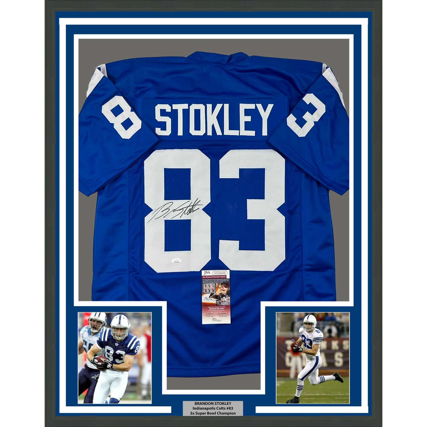 Framed Autographed/Signed Brandon Stokley 35x39 Indianapolis Blue Football Jersey JSA COA