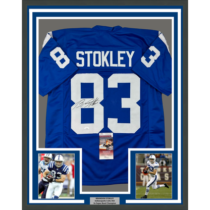 Framed Autographed/Signed Brandon Stokley 35x39 Indianapolis Blue Football Jersey JSA COA