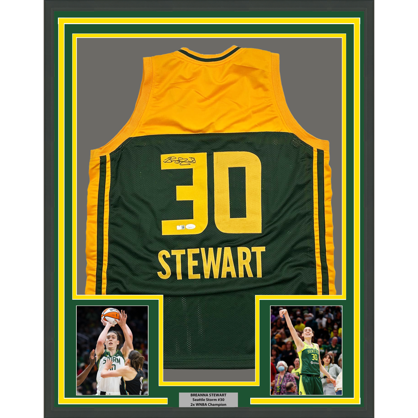 Framed Autographed/Signed Breanna Stewart 35x39 Seattle Green Basketball Jersey JSA COA