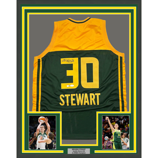 Framed Autographed/Signed Breanna Stewart 35x39 Seattle Green Basketball Jersey JSA COA