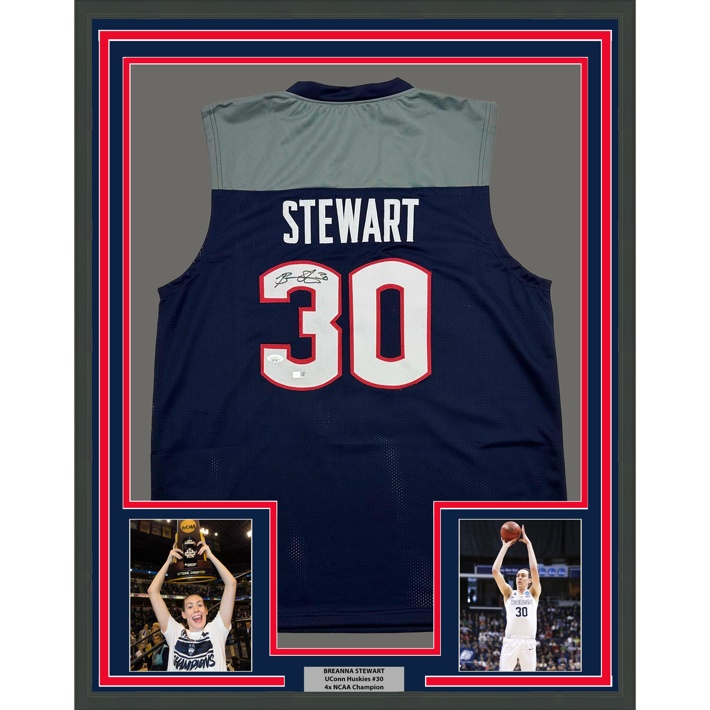 Framed Autographed/Signed Breanna Stewart 35x39 UConn Connecticut Blue College Basketball Jersey JSA COA
