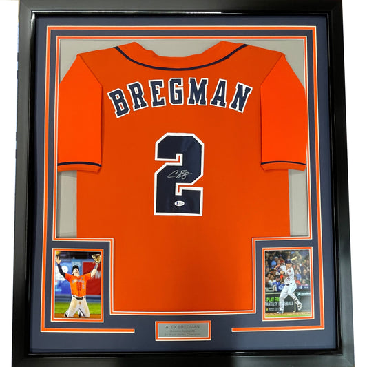 Framed Autographed/Signed Alex Bregman 35x39 Houston Orange Baseball Jersey Beckett BAS COA