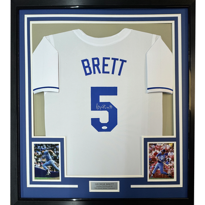 Framed Autographed/Signed George Brett 35x39 Kansas City White Baseball Jersey JSA COA
