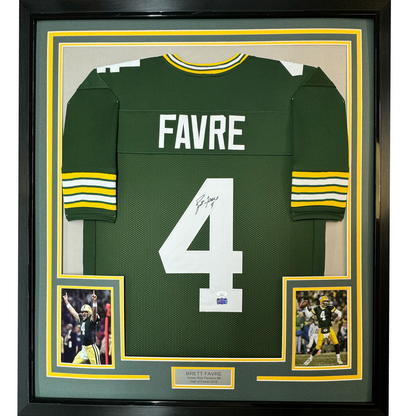 Framed Autographed/Signed Brett Favre 35x39 Green Bay Green Football Jersey JSA COA