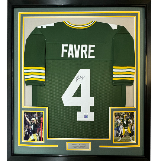 Framed Autographed/Signed Brett Favre 35x39 Green Bay Green Football Jersey JSA COA