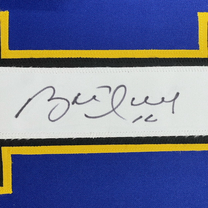 Framed Autographed/Signed Brett Hull 35x39 St. Louis Blue White Numbers Hockey Jersey JSA COA