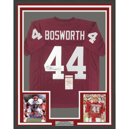 Framed Autographed/Signed Brian Bosworth 35x39 Oklahoma Red College Football Jersey JSA COA