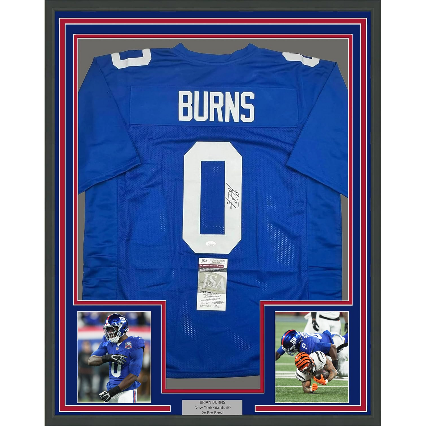 Framed Autographed/Signed Brian Burns 35x39 New York Blue Football Jersey JSA COA