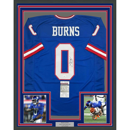 Framed Autographed/Signed Brian Burns 35x39 New York Retro Blue Football Jersey JSA COA