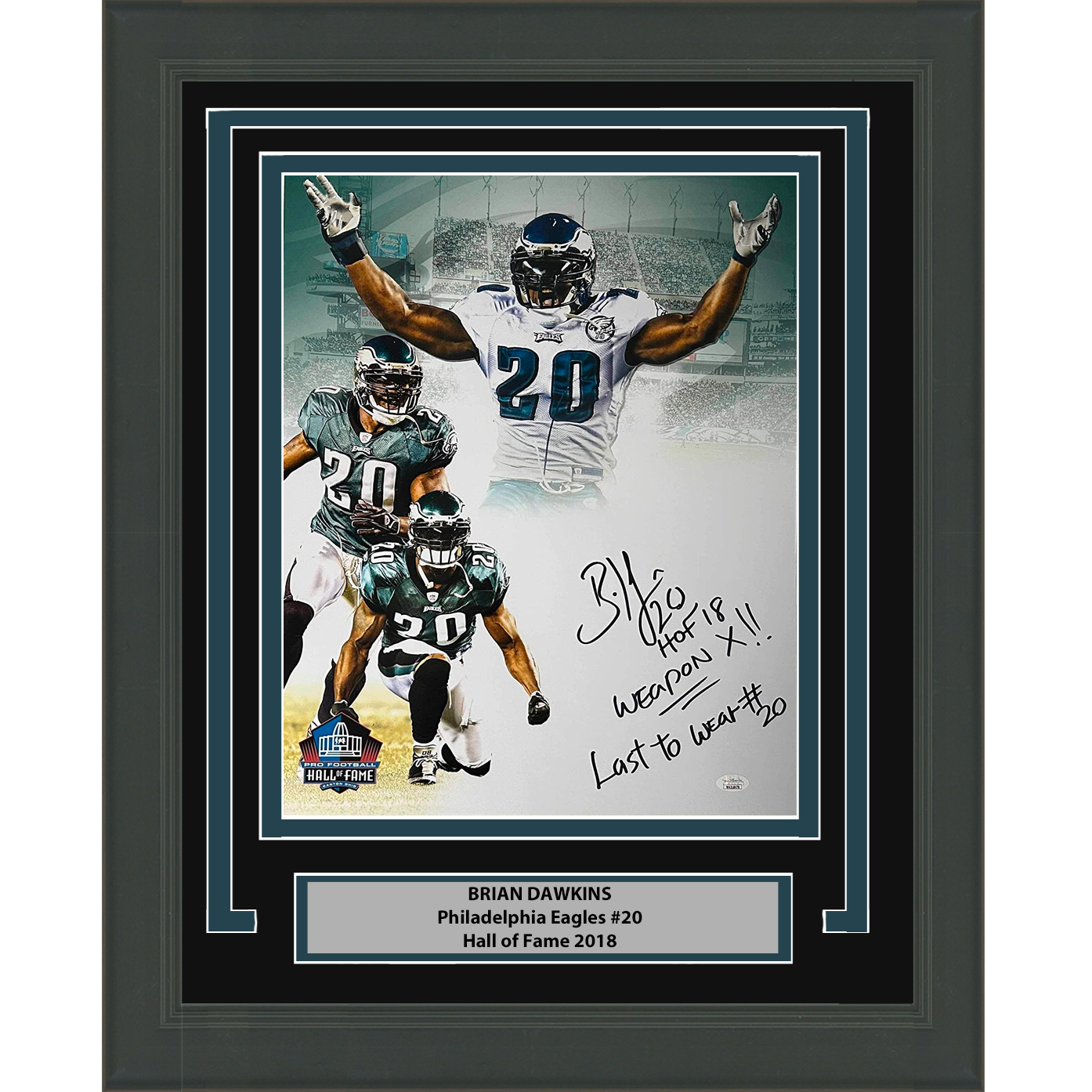 Framed Autographed/Signed Brian Dawkins 3x Inscribed HOF 18 Weapon X Last To Wear #20 Philadelphia Eagles 16x20 Football Photo JSA COA