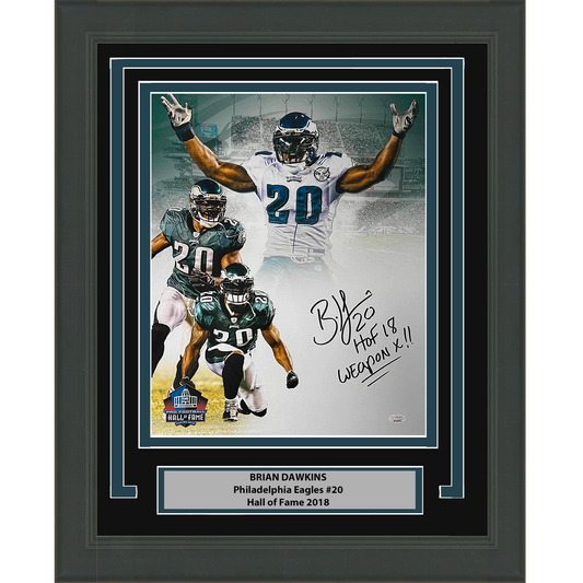Framed Autographed/Signed Brian Dawkins 2x Inscribed HOF 18 Weapon X Philadelphia Eagles 16x20 Football Photo JSA COA