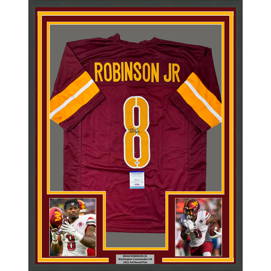 Framed Autographed/Signed Brian Robinson Jr. 35x39 Washington Burgundy Football Jersey PSA/DNA COA
