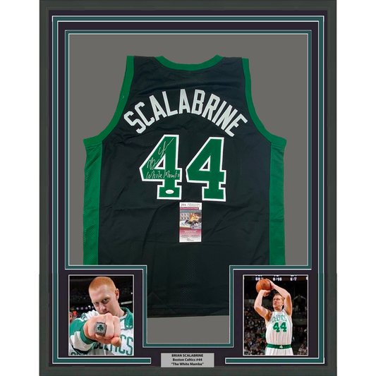 Framed Autographed/Signed Brian Scalabrine 35x39 White Mamba Boston Black Basketball Jersey JSA COA