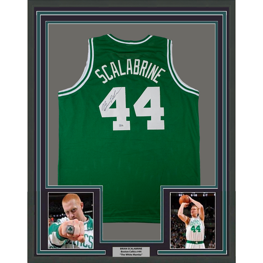 Framed Autographed/Signed Brian Scalabrine 35x39 Boston Green Basketball Jersey Steiner COA