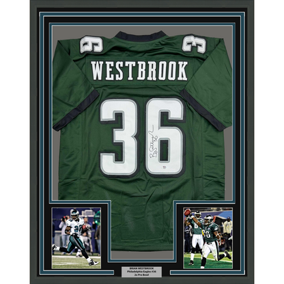 Framed Autographed/Signed Brian Westbrook 35x39 Philadelphia Green Football Jersey PSA/DNA COA