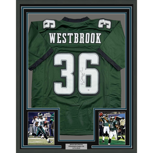 Framed Autographed/Signed Brian Westbrook 35x39 Philadelphia Green Football Jersey PSA/DNA COA