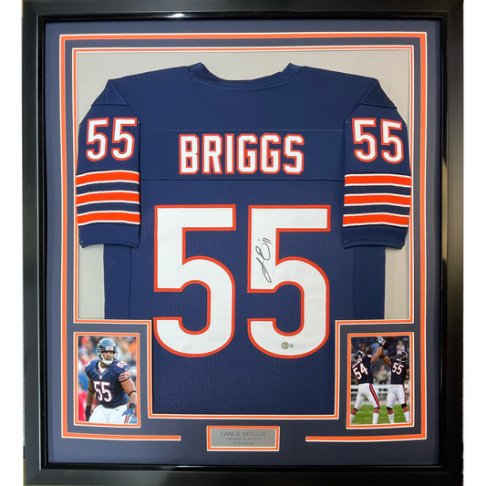 Framed Autographed/Signed Lance Briggs 35x39 Chicago Blue Football Jersey Beckett BAS COA