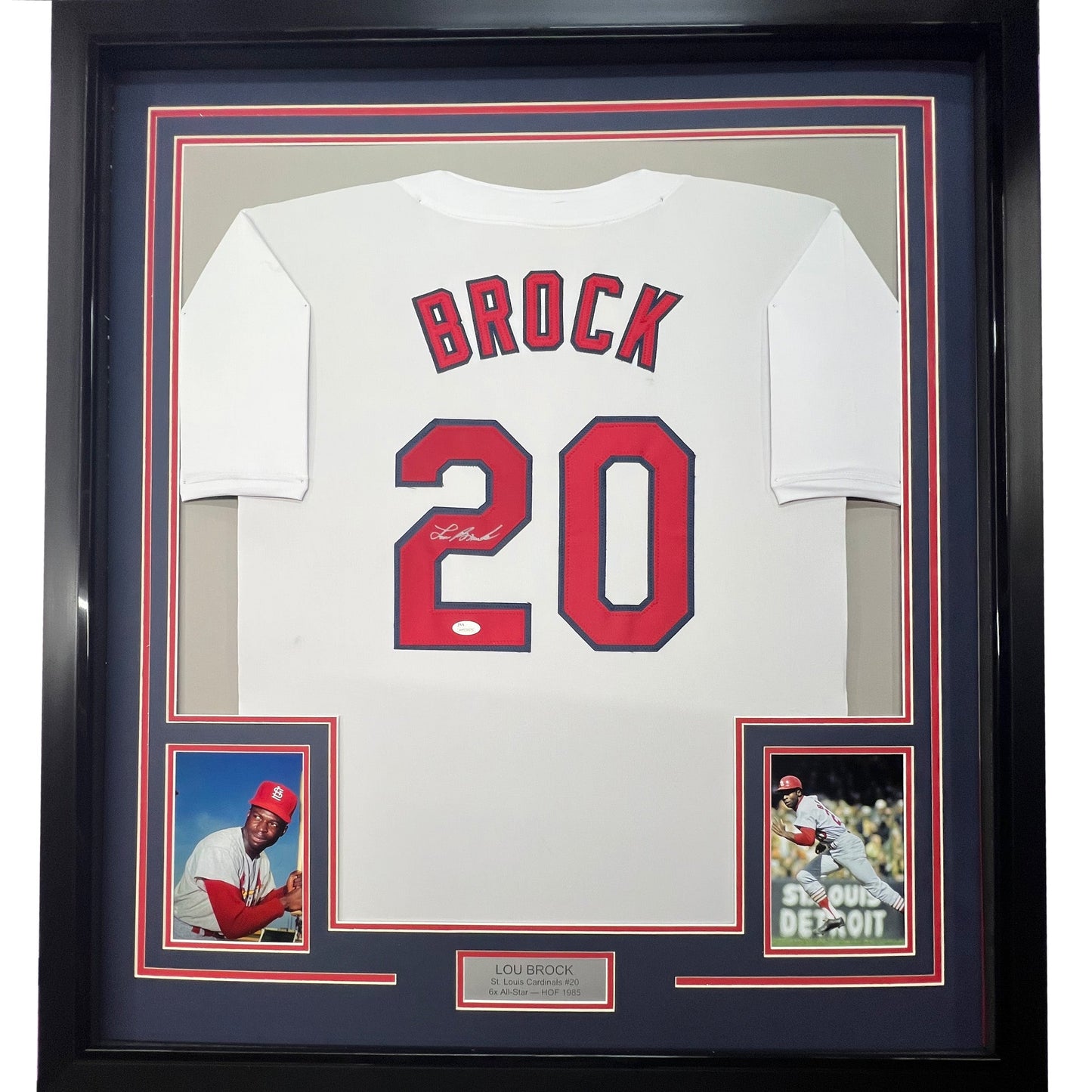 Framed Autographed/Signed Lou Brock 35x39 St. Louis White Baseball Jersey JSA COA