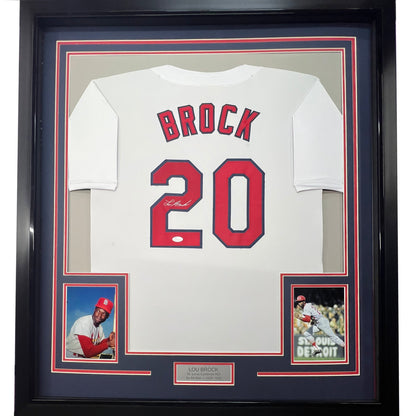 Framed Autographed/Signed Lou Brock 35x39 St. Louis White Baseball Jersey JSA COA
